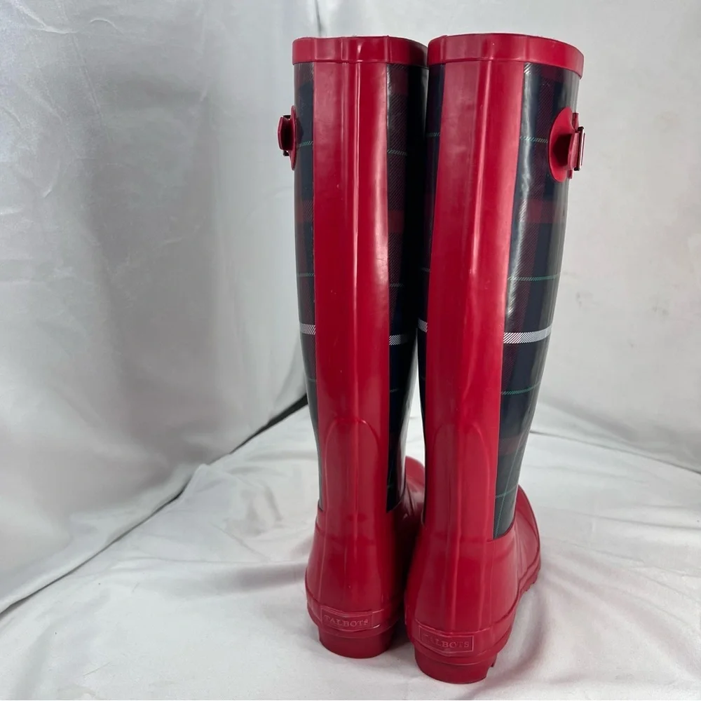 TALBOTS Women's Red Plaid Mid-Calf Rain Boots Size 6 Waterproof